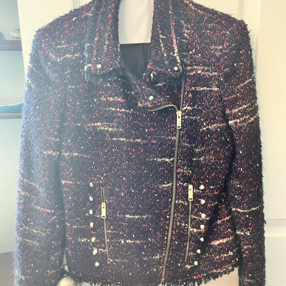 Zara Womens Tweed Moto Jacket in Black with Pink Accents